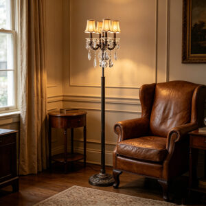 Vintage Bronze Crystal Chandelier-Style Floor Lamp With Fabric Shades