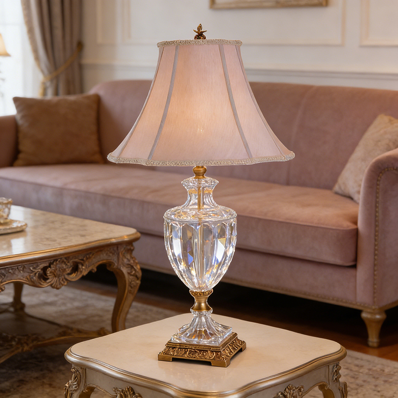 Elegant Traditional Gold Brass And Clear Glass Table Lamp With Fabric Shade