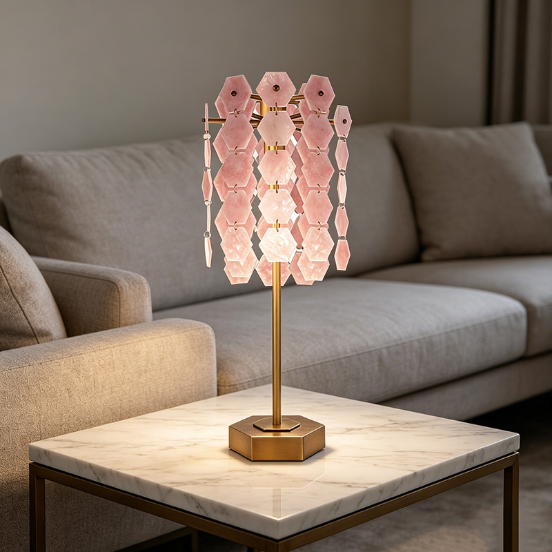 Modern Glam Brass And Rose Quartz Table Lamp With Cascading Crystal Shade