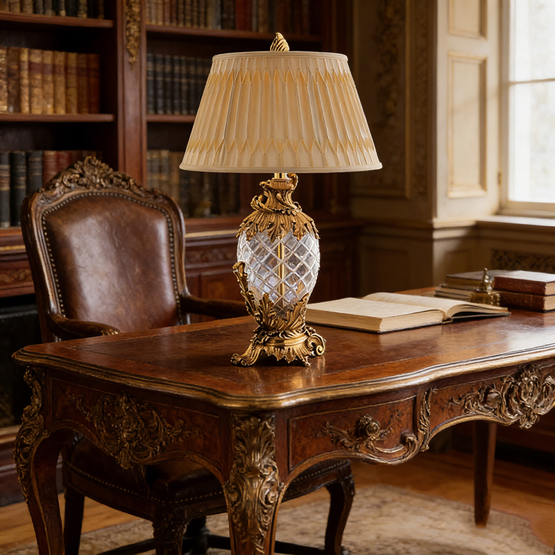 Elegant Traditional Gold Brass And Clear Glass Table Lamp With Fabric Shade - Image 4