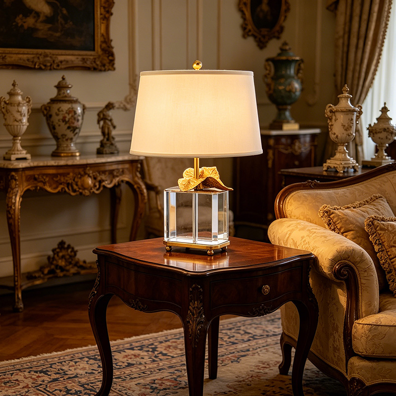 Modern Luxury Brass And Crystal Table Lamp With Pleated Fabric Shade - Image 4