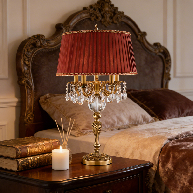 Luxury Vintage Gold Brass And Crystal Table Lamp With Pleated Red Fabric Shade
