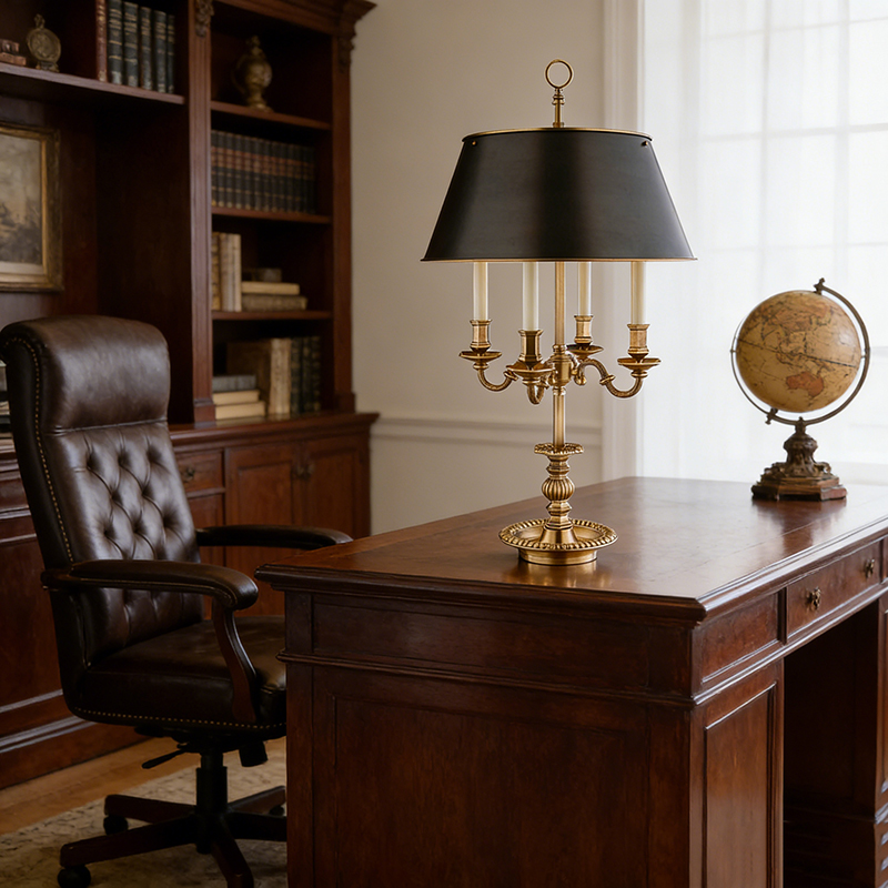 Classic Vintage Brass Table Lamp With Black Iron Drum Shade