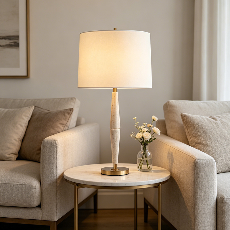 Contemporary Travertine & Iron Table Lamp With Fabric Shade