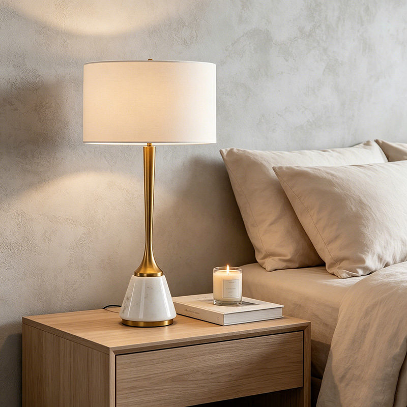 Modern Luxe Iron & Marble Table Lamp With Fabric Shade