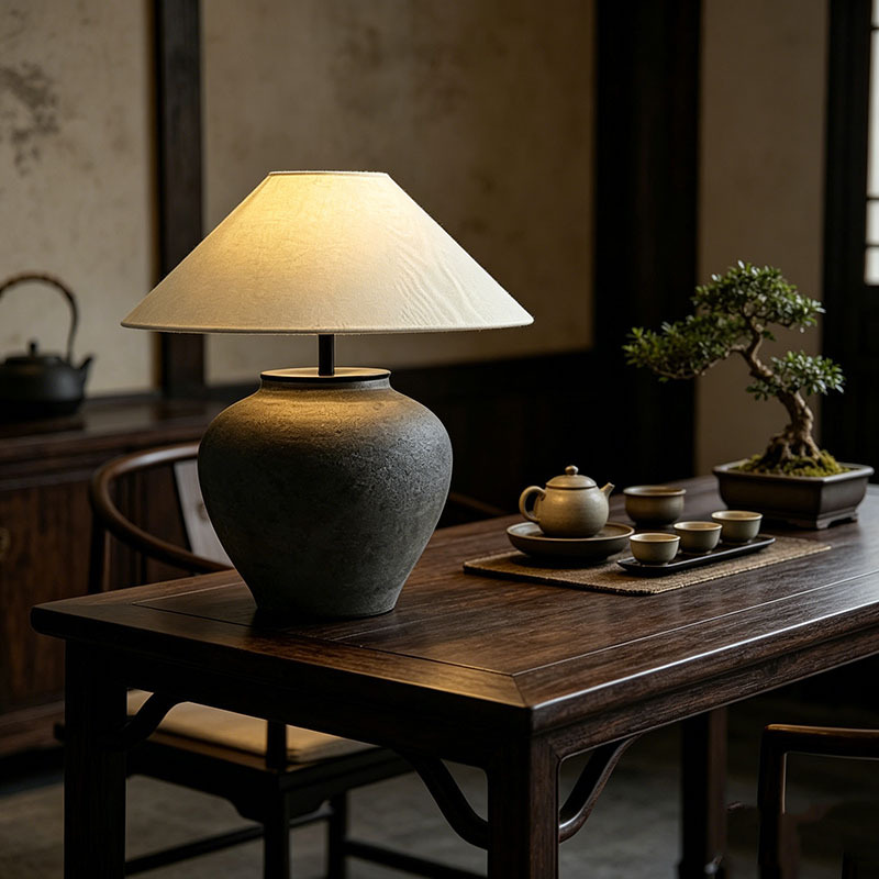 Wabi-Sabi Textured Black Ceramic Desk Lamp With Linen Shade And Metal Accents - Image 3