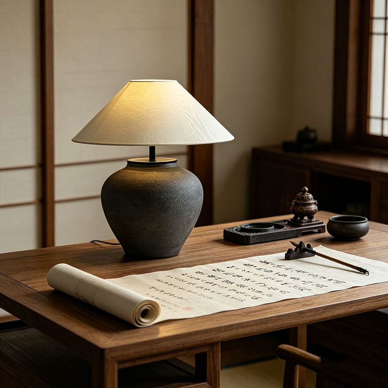 Wabi-Sabi Textured Black Ceramic Desk Lamp With Linen Shade And Metal Accents - Image 2