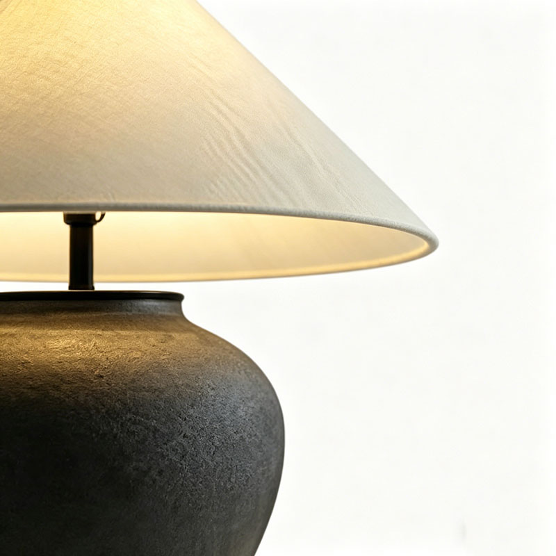 Wabi-Sabi Textured Black Ceramic Desk Lamp With Linen Shade And Metal Accents - Image 4