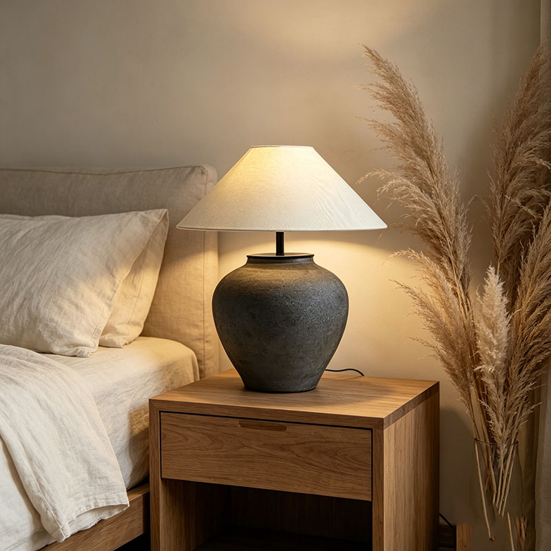 Wabi-Sabi Textured Black Ceramic Desk Lamp With Linen Shade And Metal Accents