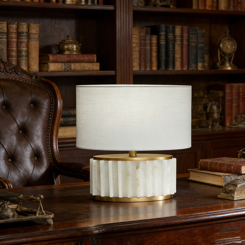 Luxury Art Deco Brass & Marble Table Lamp With Fabric Shade
