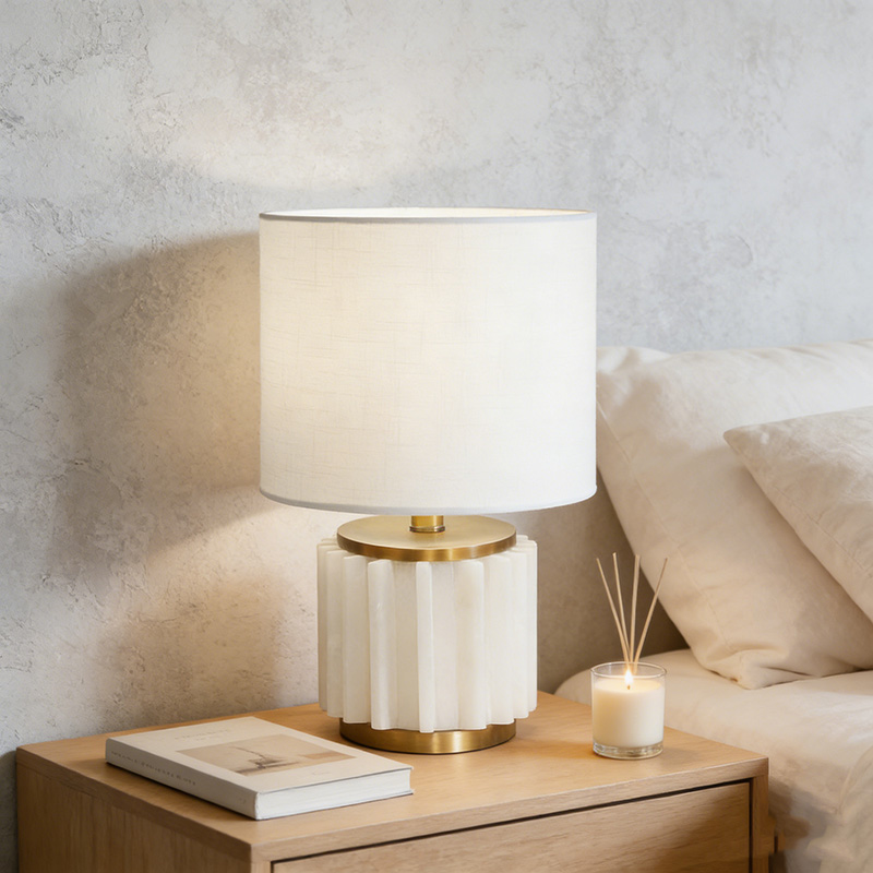 Luxury Art Deco Brass & Marble Table Lamp With Fabric Shade - Image 4