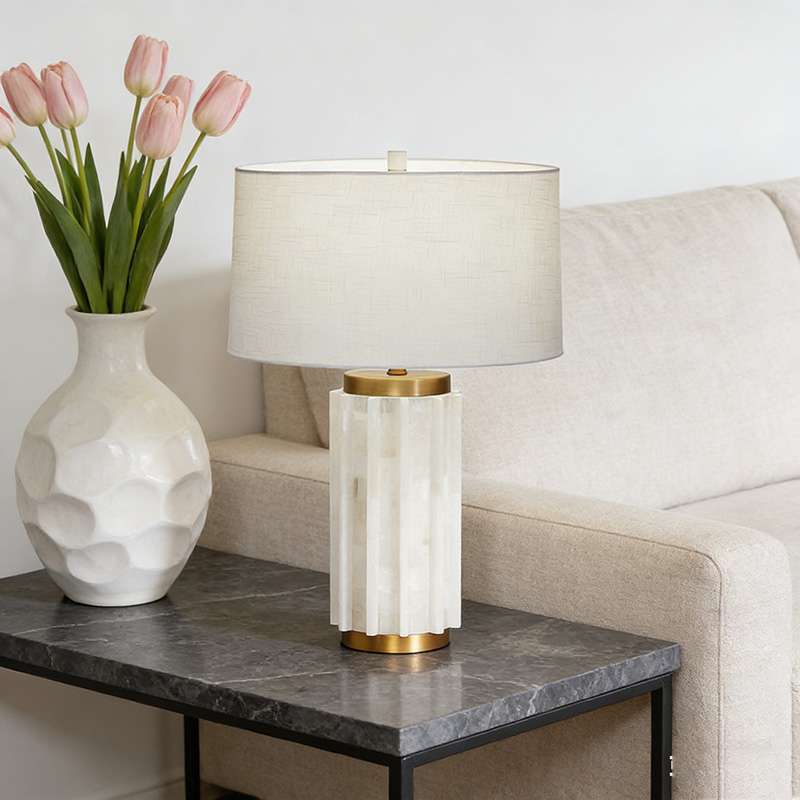 Luxury Art Deco Brass & Marble Table Lamp With Fabric Shade - Image 7