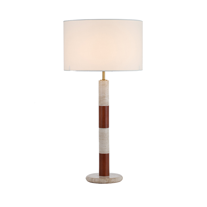 Modern Rustic Iron, Wood, Travertine And Fabric Drum Shade Table Lamp - Image 3