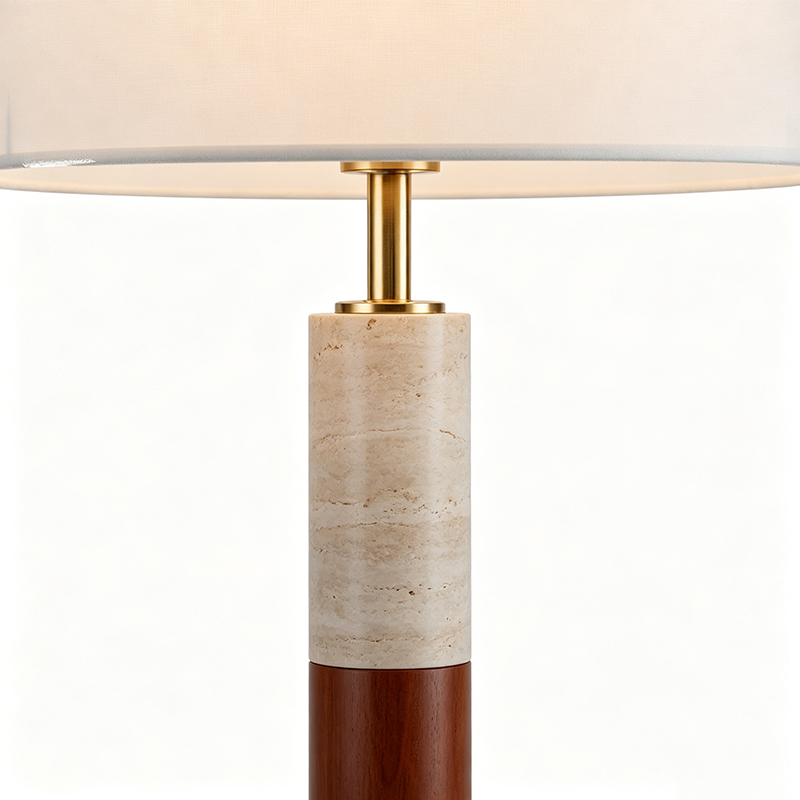 Modern Rustic Iron, Wood, Travertine And Fabric Drum Shade Table Lamp - Image 2