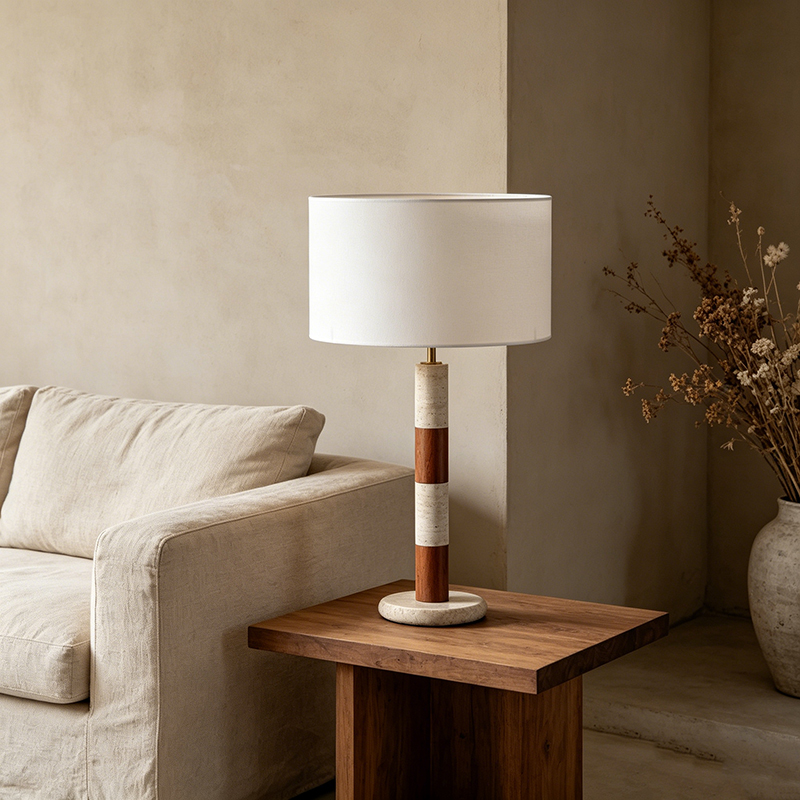Modern Rustic Iron, Wood, Travertine And Fabric Drum Shade Table Lamp