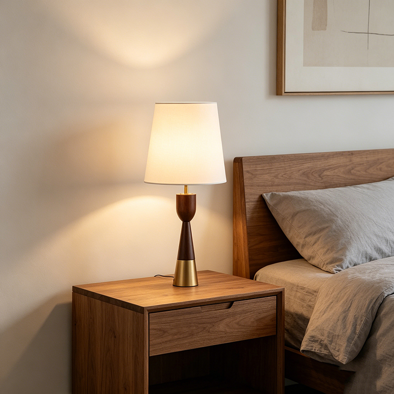 Mid-Century Modern Iron, Wood And Fabric Tapered Shade Table Lamp