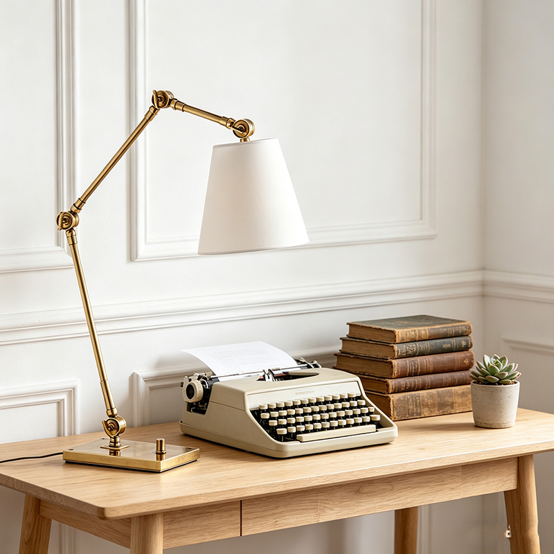 Functional Stylish Metal Fabric Shade Desk Lamp With Adjustable Arms