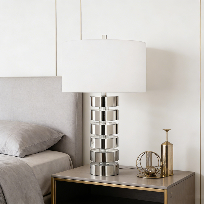 Contemporary Stacked Iron & Crystal Table Lamp With Fabric Shade