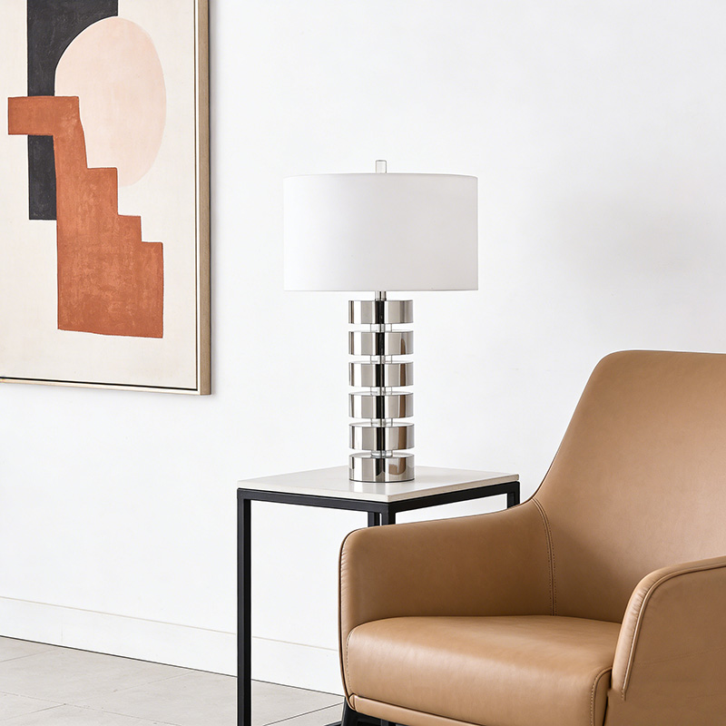 Contemporary Stacked Iron & Crystal Table Lamp With Fabric Shade - Image 2