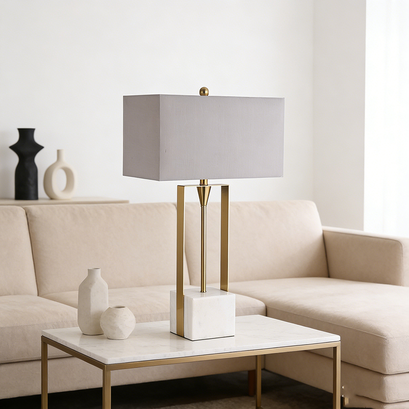 Modern Geometric Iron & Marble Table Lamp With Fabric Shade