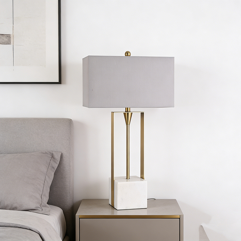 Modern Geometric Iron & Marble Table Lamp With Fabric Shade - Image 2