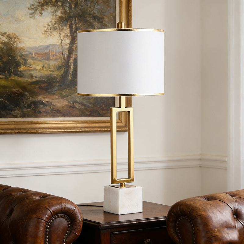 Modern Geometric Iron & Marble Table Lamp With Fabric Shade - Image 5