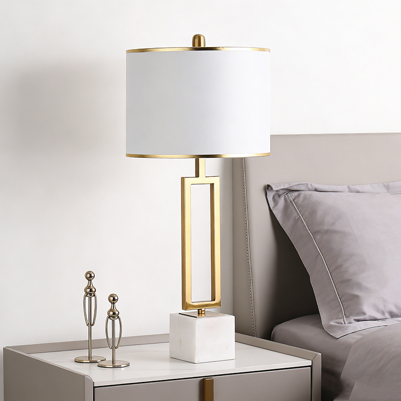 Modern Geometric Iron & Marble Table Lamp With Fabric Shade - Image 6