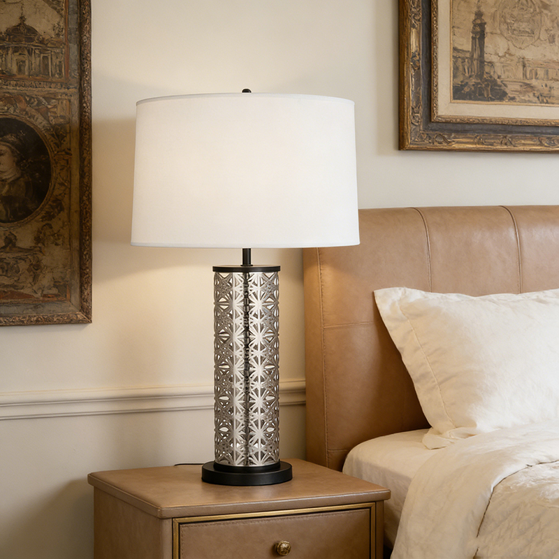 Modern Laser-Cut Iron Table Lamp With Fabric Shade