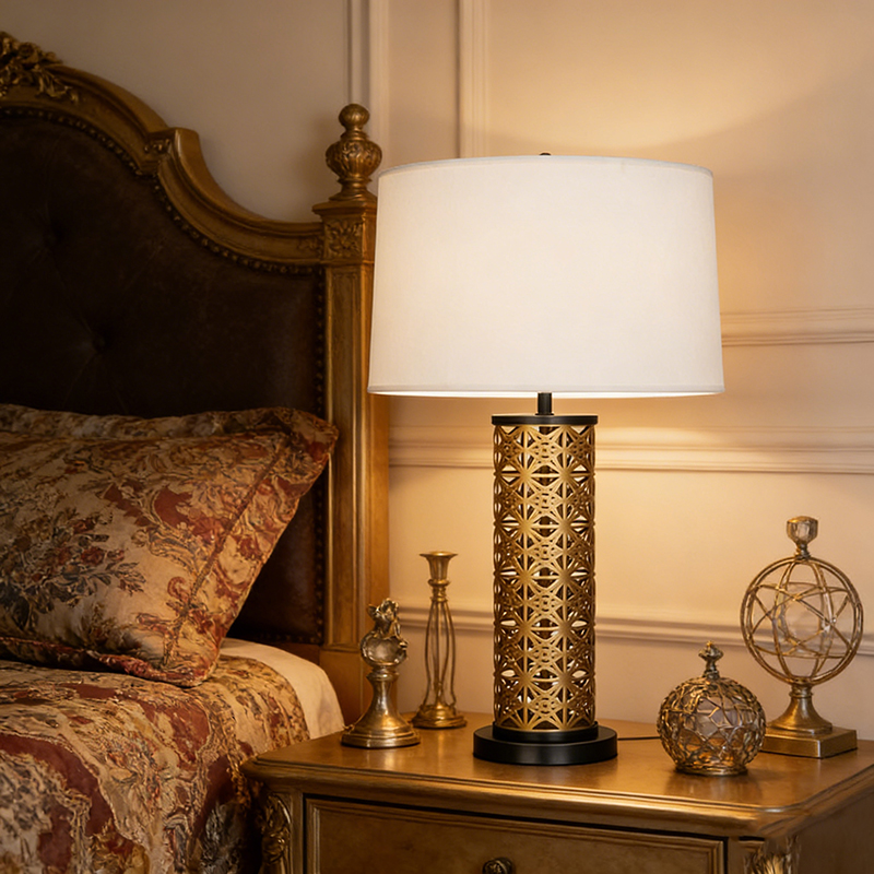 Modern Laser-Cut Iron Table Lamp With Fabric Shade - Image 4