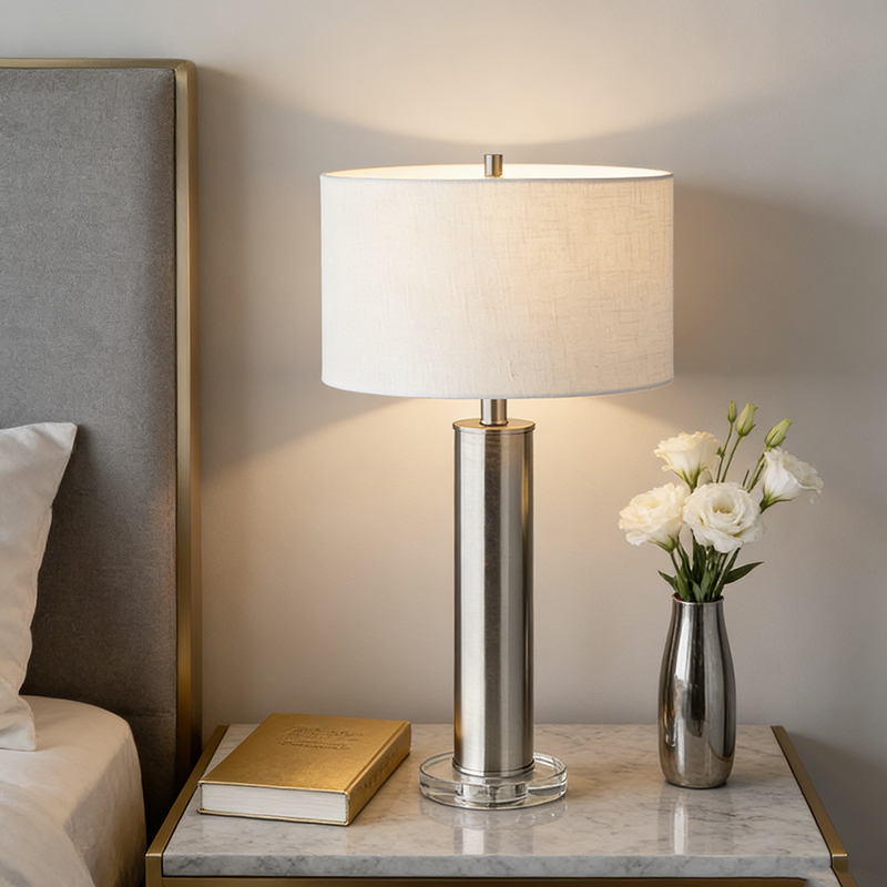 Modern Cylindrical Iron & Crystal Table Lamp With Fabric Shade