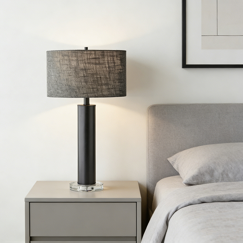 Modern Cylindrical Iron & Crystal Table Lamp With Fabric Shade - Image 5
