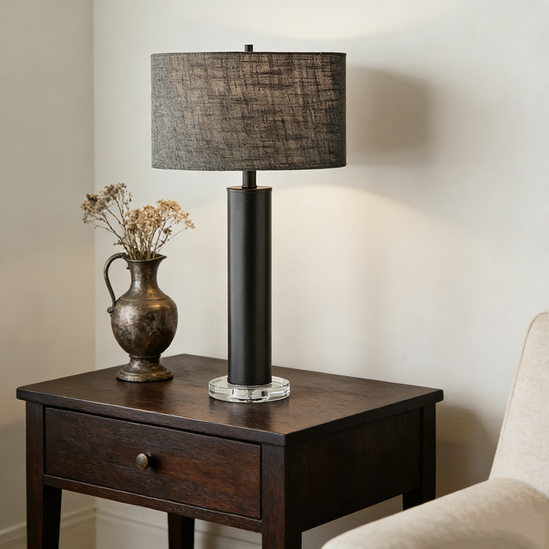Modern Cylindrical Iron & Crystal Table Lamp With Fabric Shade - Image 4