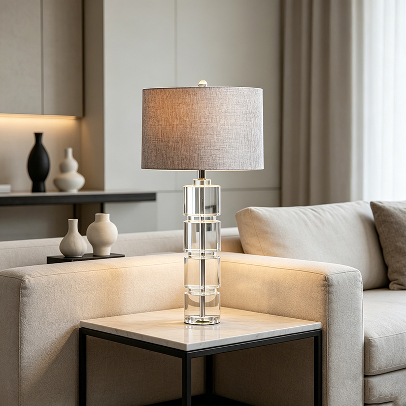 Modern Stacked Tiered Iron & Crystal Table Lamp With Fabric Shade