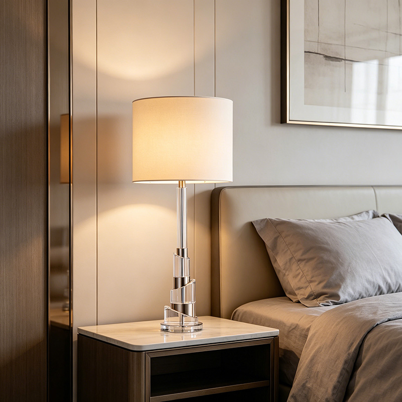Modern Sculpted Iron & Crystal Table Lamp With Fabric Shade