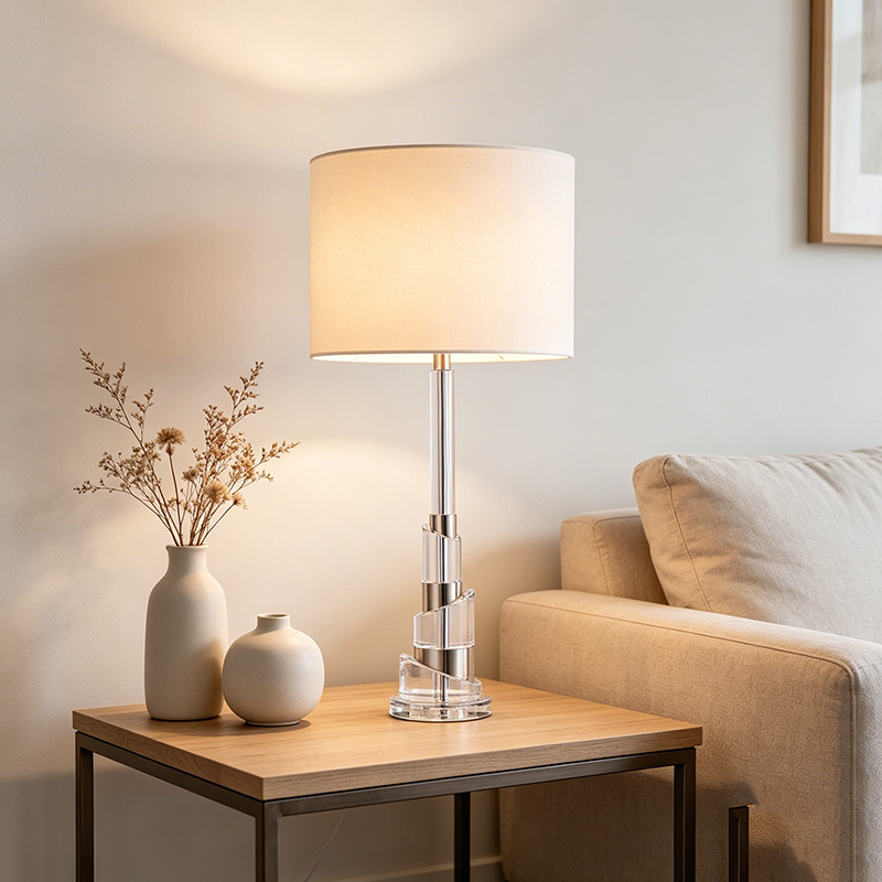 Modern Sculpted Iron & Crystal Table Lamp With Fabric Shade - Image 2