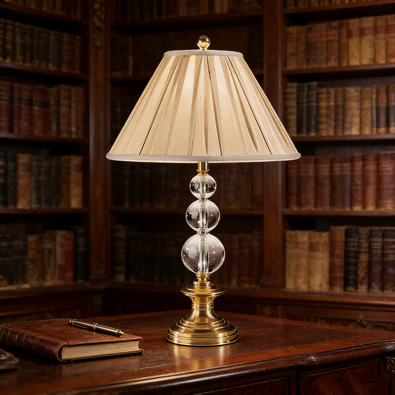 Modern Luxury Brass And Crystal Table Lamp With Pleated Fabric Shade