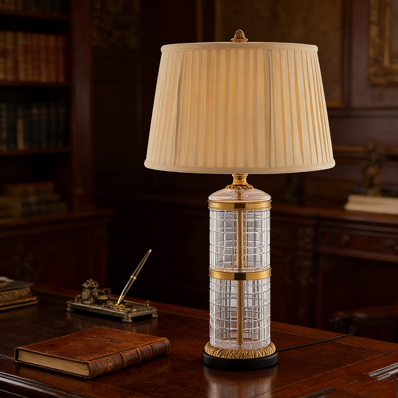 Modern Classic Brass And Striped Glass Table Lamp With Pleated Fabric Shade
