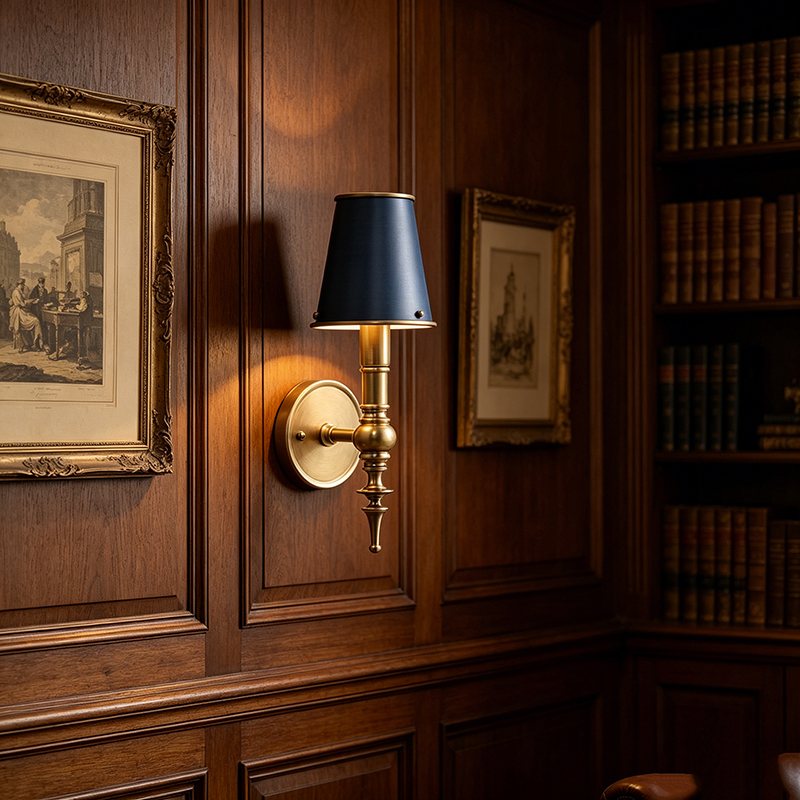 Vintage Classic Antique Brass Wall Sconce With Black Bell Shade - Image 2