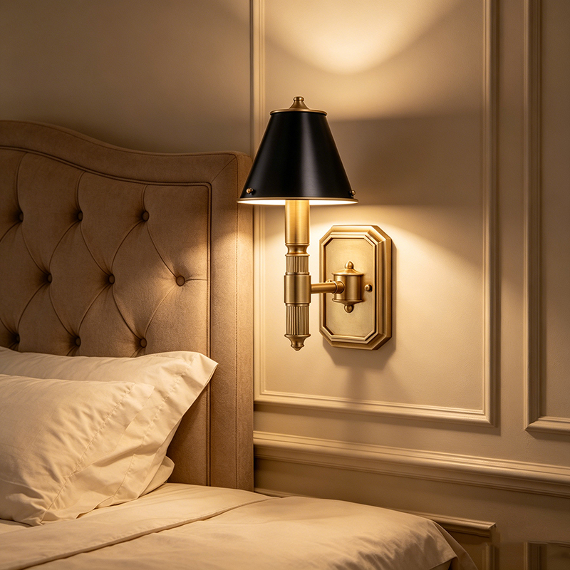 Antique Brass Classic Wall Sconce With Black Bell-Shaped Shade - Image 2