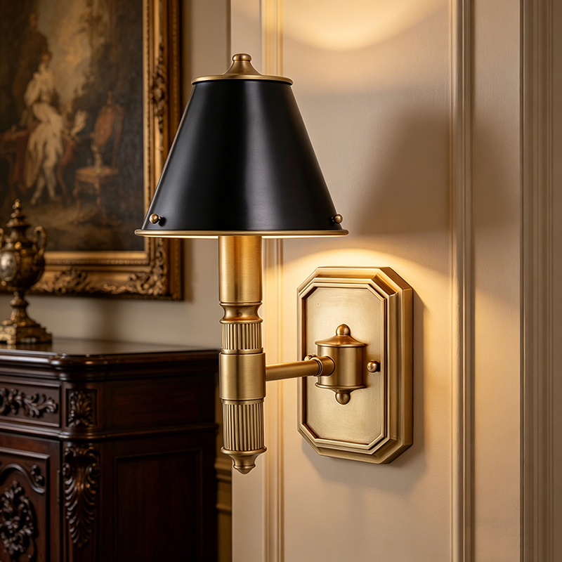 Antique Brass Classic Wall Sconce With Black Bell-Shaped Shade
