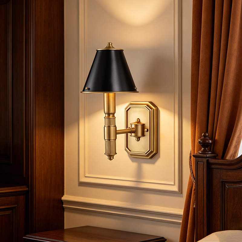 Antique Brass Classic Wall Sconce With Black Bell-Shaped Shade - Image 4