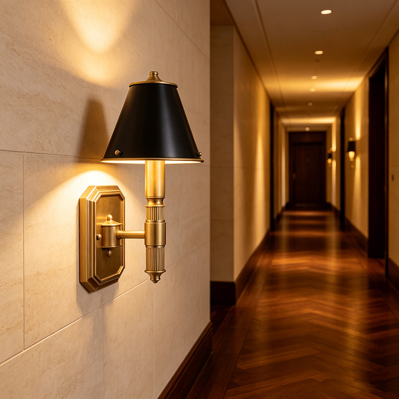 Antique Brass Classic Wall Sconce With Black Bell-Shaped Shade - Image 3