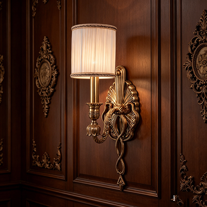 European Vintage Brass Wall Sconce With Pleated Fabric Shade, 1-Light & 2-Light Options
