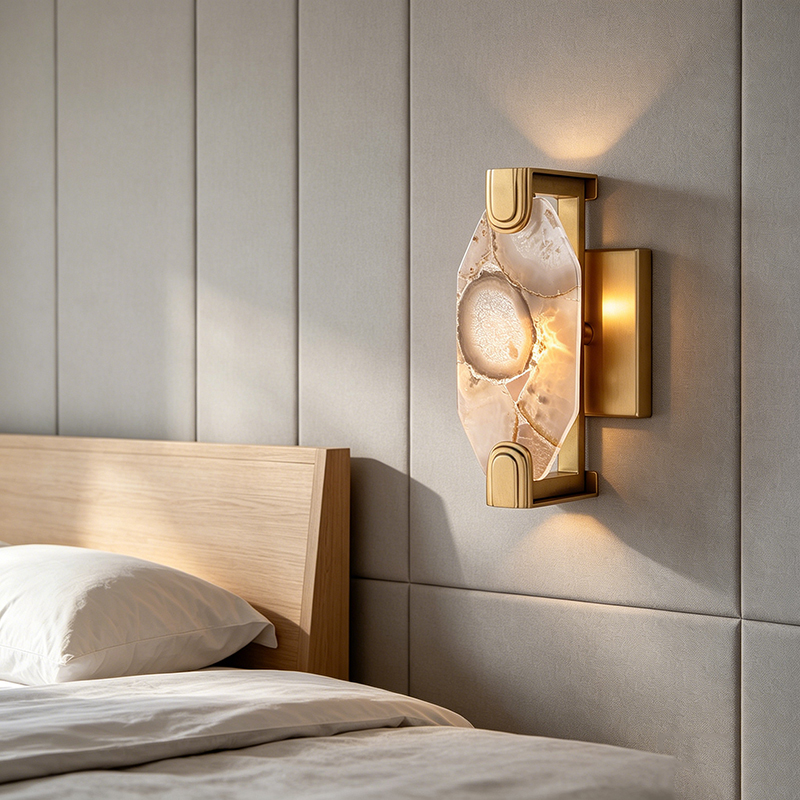 Modern Luxury Brass Wall Lamp Collection (Clear Seedy Glass & Natural Agate Shade Options) - Image 6