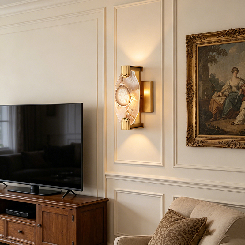 Modern Luxury Brass Wall Lamp Collection (Clear Seedy Glass & Natural Agate Shade Options) - Image 5