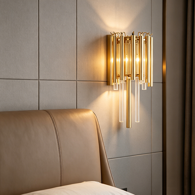 Mid-Century Modern Polished Brass Wall Sconce With Mixed Brass & Glass Rod Shades - Image 2