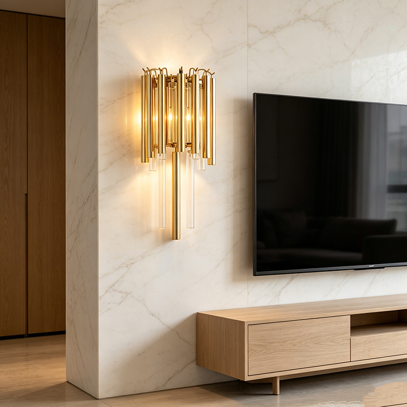 Mid-Century Modern Polished Brass Wall Sconce With Mixed Brass & Glass Rod Shades