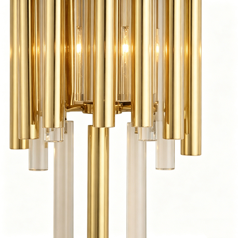 Mid-Century Modern Polished Brass Wall Sconce With Mixed Brass & Glass Rod Shades - Image 3