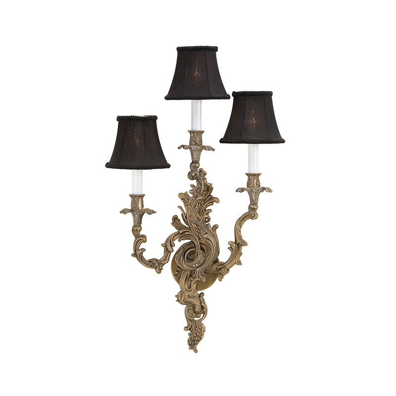 American Classic Triple-Arm Lost Wax Cast Brass Wall Sconce With Black Fabric Shades (Dual Finish Options) - Image 3