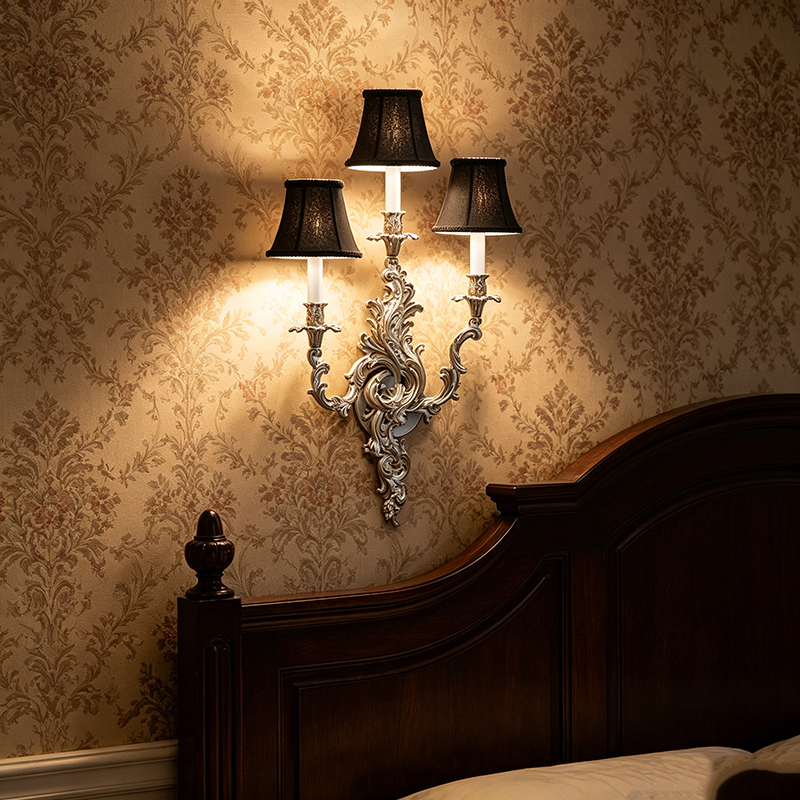 American Classic Triple-Arm Lost Wax Cast Brass Wall Sconce With Black Fabric Shades (Dual Finish Options) - Image 4